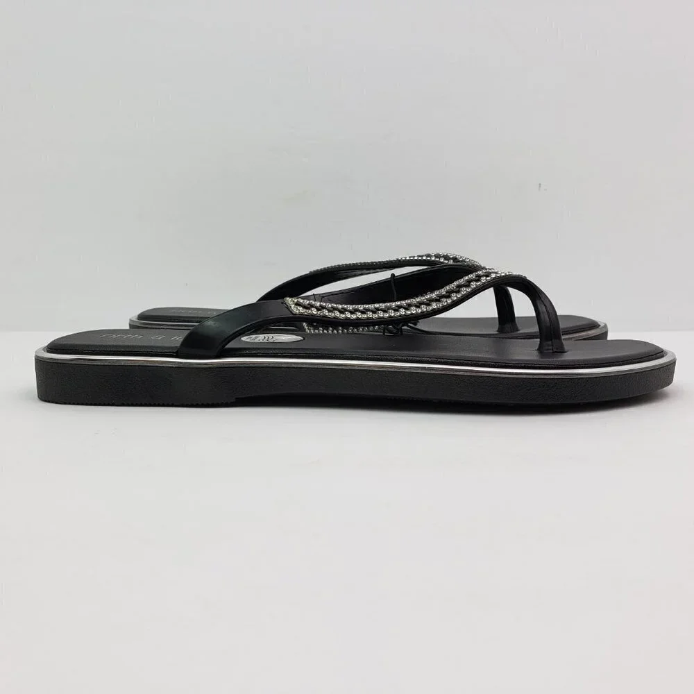 Fifth & Luxe Womens Sz 5/6 Black Silver Rhinestone Slip On Fashion Thong Sandals